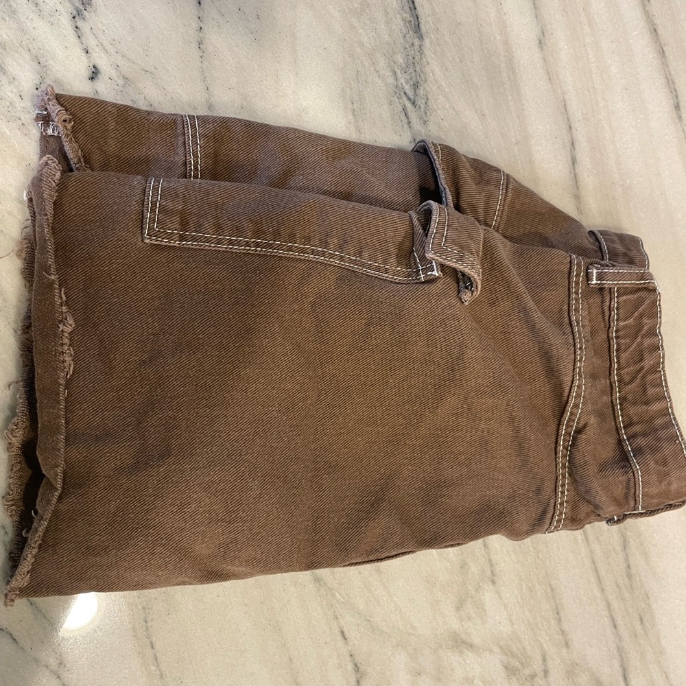 Brown Denim Skirt with Frayed Hem